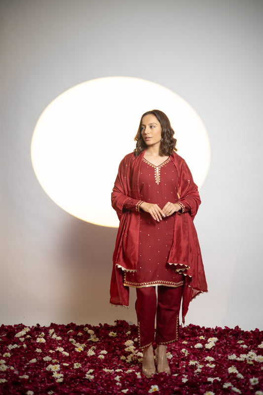 Dark Red Zardosi Kurta set.