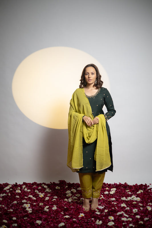 Yellow Green and Dark Green Kurta pant Set.