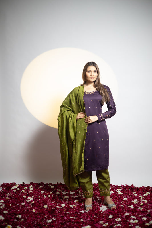 Violet and army green colour Kurta pant set.