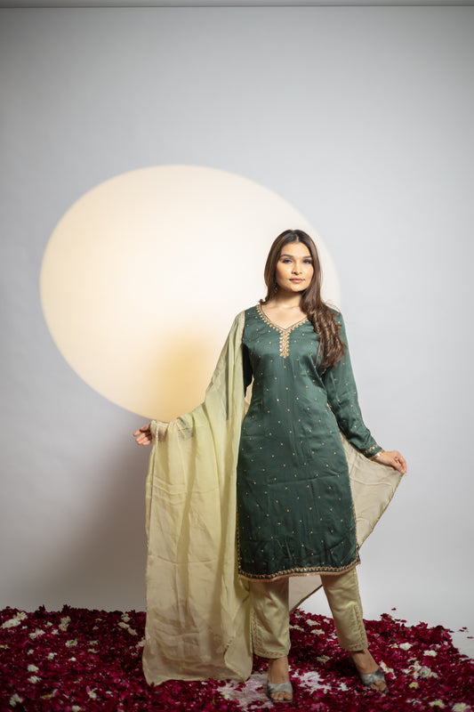 Dark Green kurta and Olive Pant Set.